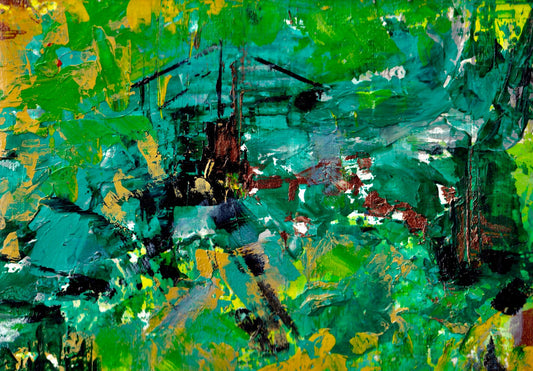 Acrylic 9.5” x 7” Abstract Deconstructed Old Shack in Forest