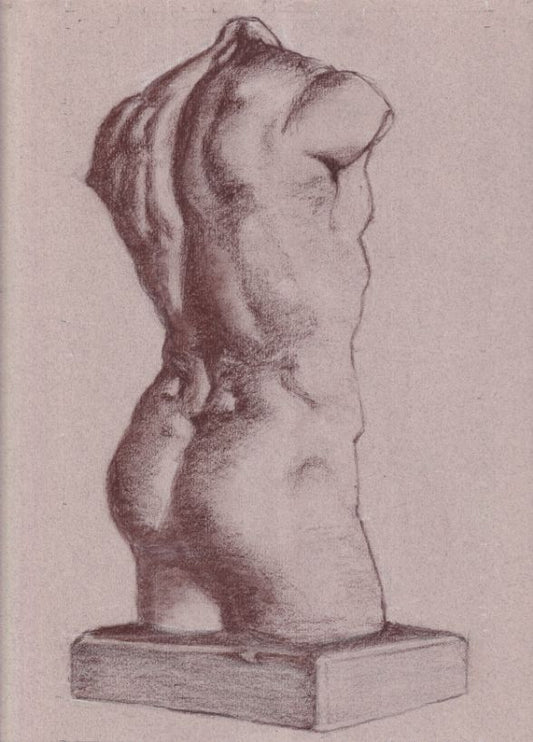 Soft Pastel - Sepia & Sanguine, 12” x 8.5” Cast Drawing - Roman Torso 3/4 view