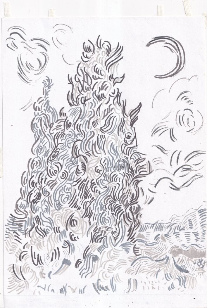 Graphite, Ink 10” x 7” Van Gogh - Cypresses